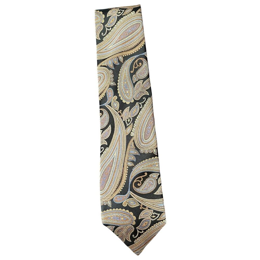 NWT Nordstrom Black Gold Blue Paisley 100% Silk Tie Handmade in‎ USA $65